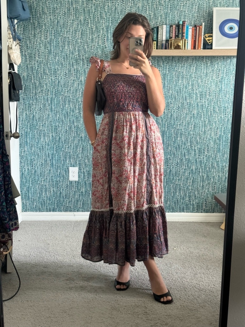 Haute Hippie Smocked Floral Tiered Maxi Dress in purple‎ and Cream Size 8